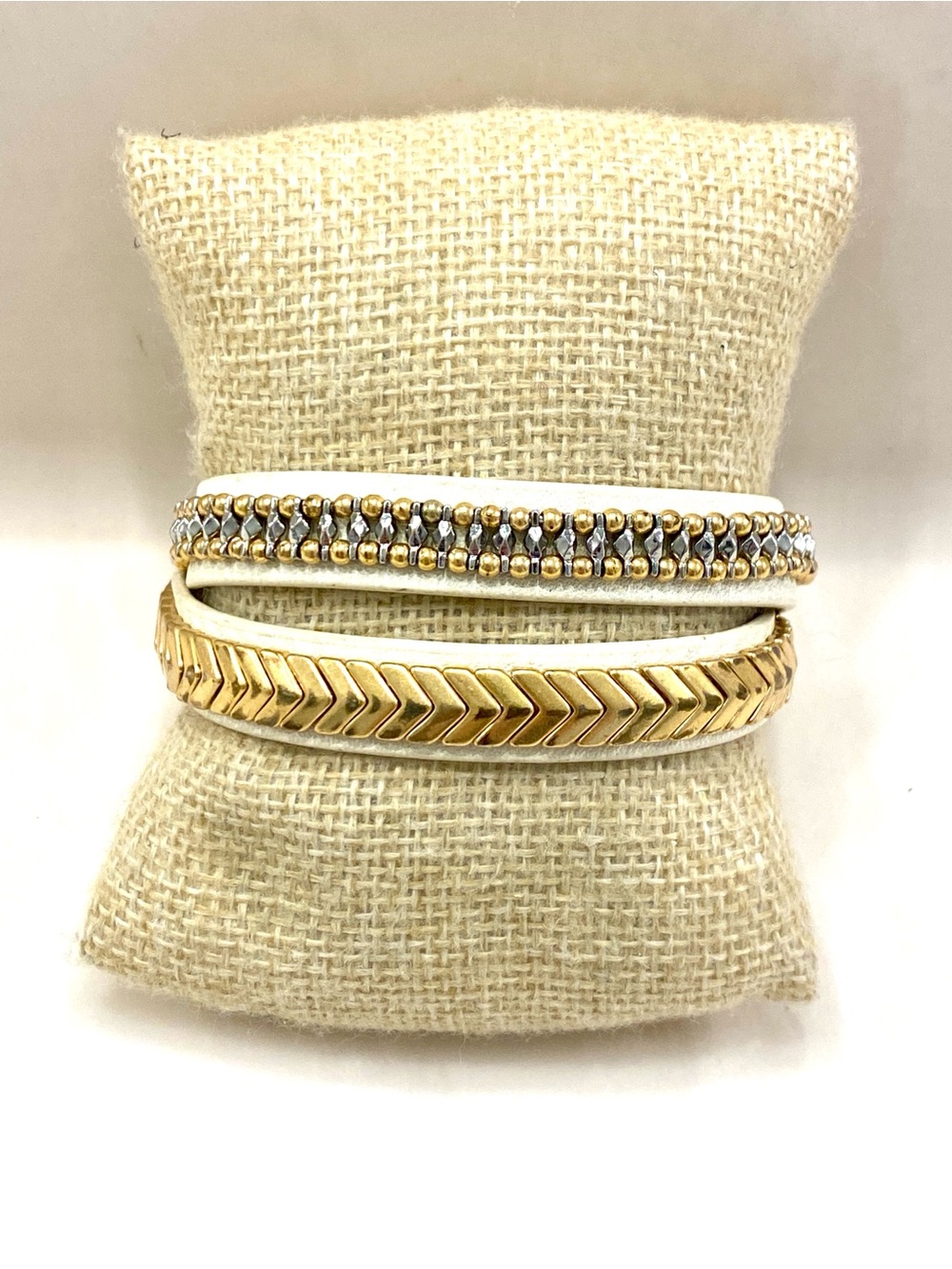 Stella & Dot White Leather Wrap Bracelet with Gold Accents